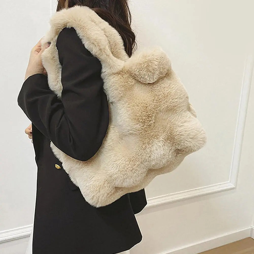 Women Plush Shoulder Bag Fluffy Handbag Large Capacity Casual Commuting Bag Furry Carrying Bag Soft Shopper Bag