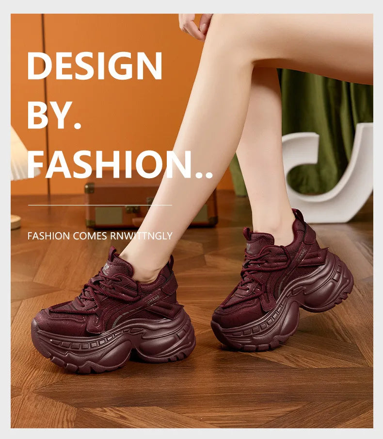 9cm Genuine Leather Chunky Sneakers for Women Fashion Sneakers Walking Shoes Platform Heel Sneakers Women Casual Shoes