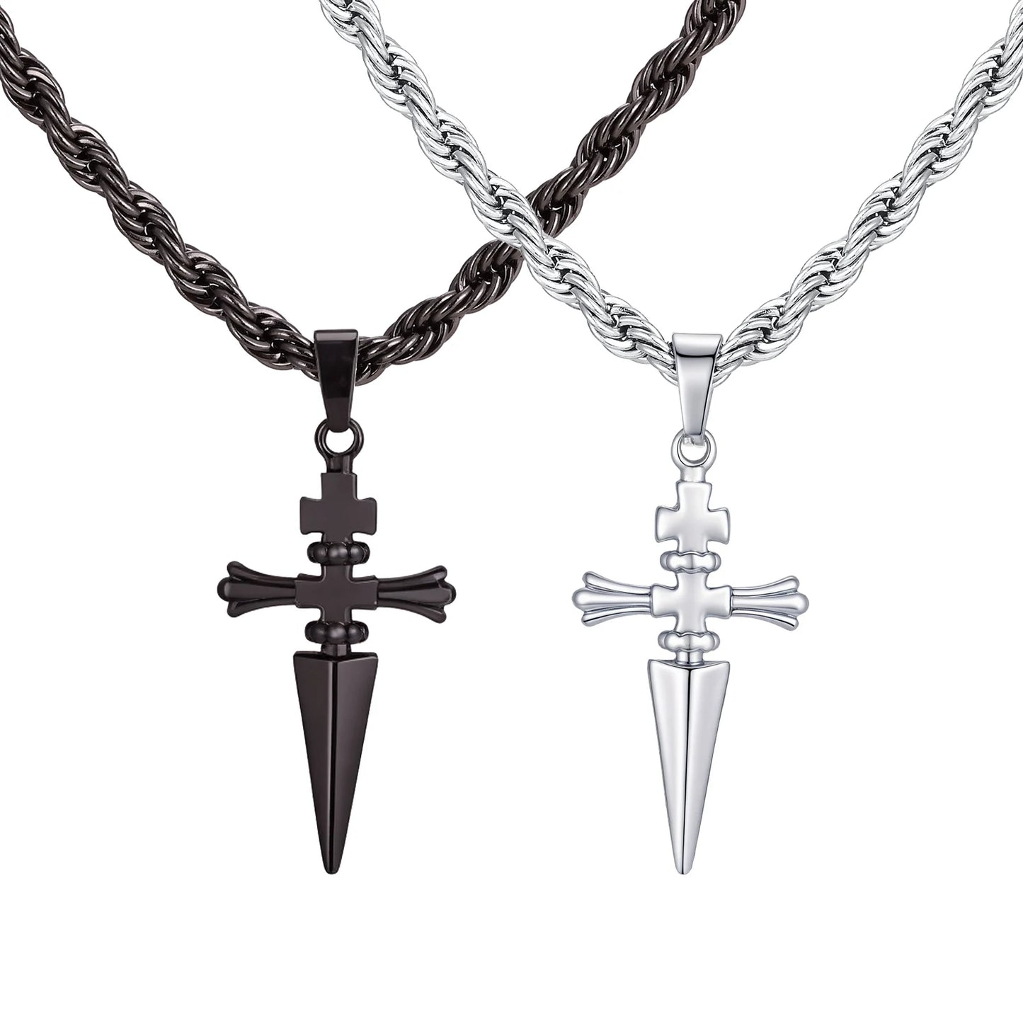 Cool Punk Sword Cross Pendant Necklace for Men Stainless Steel Twist Chain Necklace Fashion Casual Style Jewelry