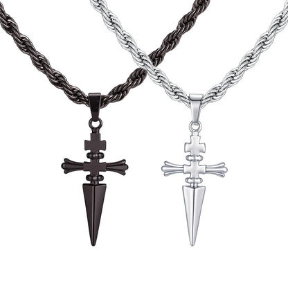 Cool Punk Sword Cross Pendant Necklace for Men Stainless Steel Twist Chain Necklace Fashion Casual Style Jewelry