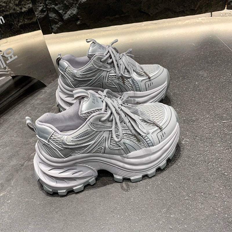 8.5CM Mesh Microfiber Leather Casual Shoes New 2026 Spring Women Chunky Sneakers High Platform Outdoor Sports Dad Shoes Woman