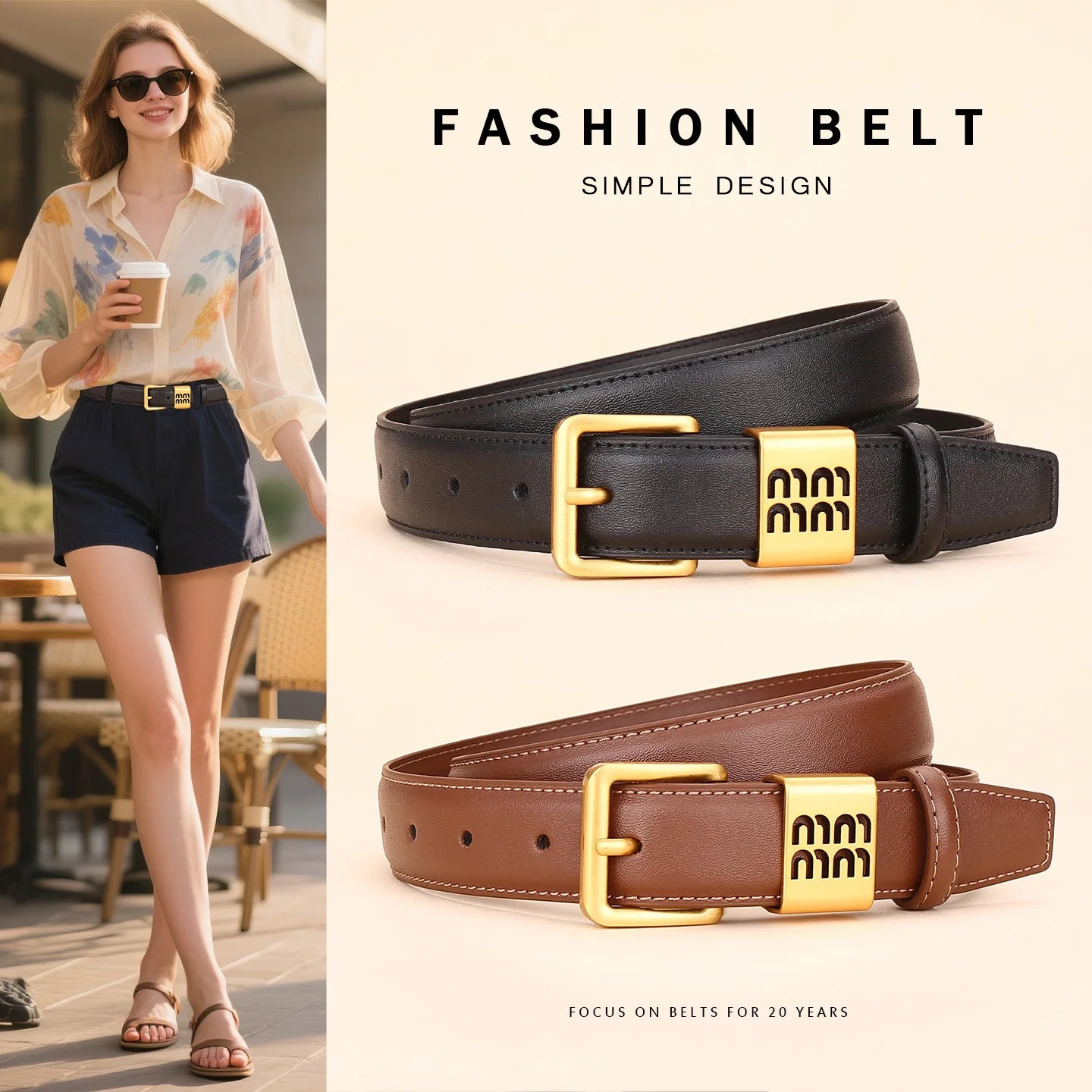 Genuine leather cowhide belt for women; versatile decorative waist belt with a sense of design; fashionable denim belt for ladie