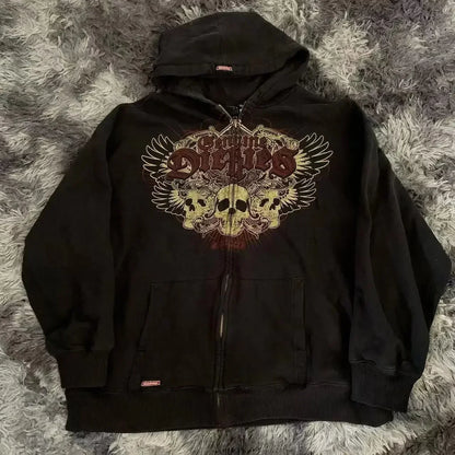Affliction Fashion Hoodie Street Gothic Skull Oversize Zipper Hoodie Men Women Hip Hop Casual Sweatshirt Personality Hoodie Y2K
