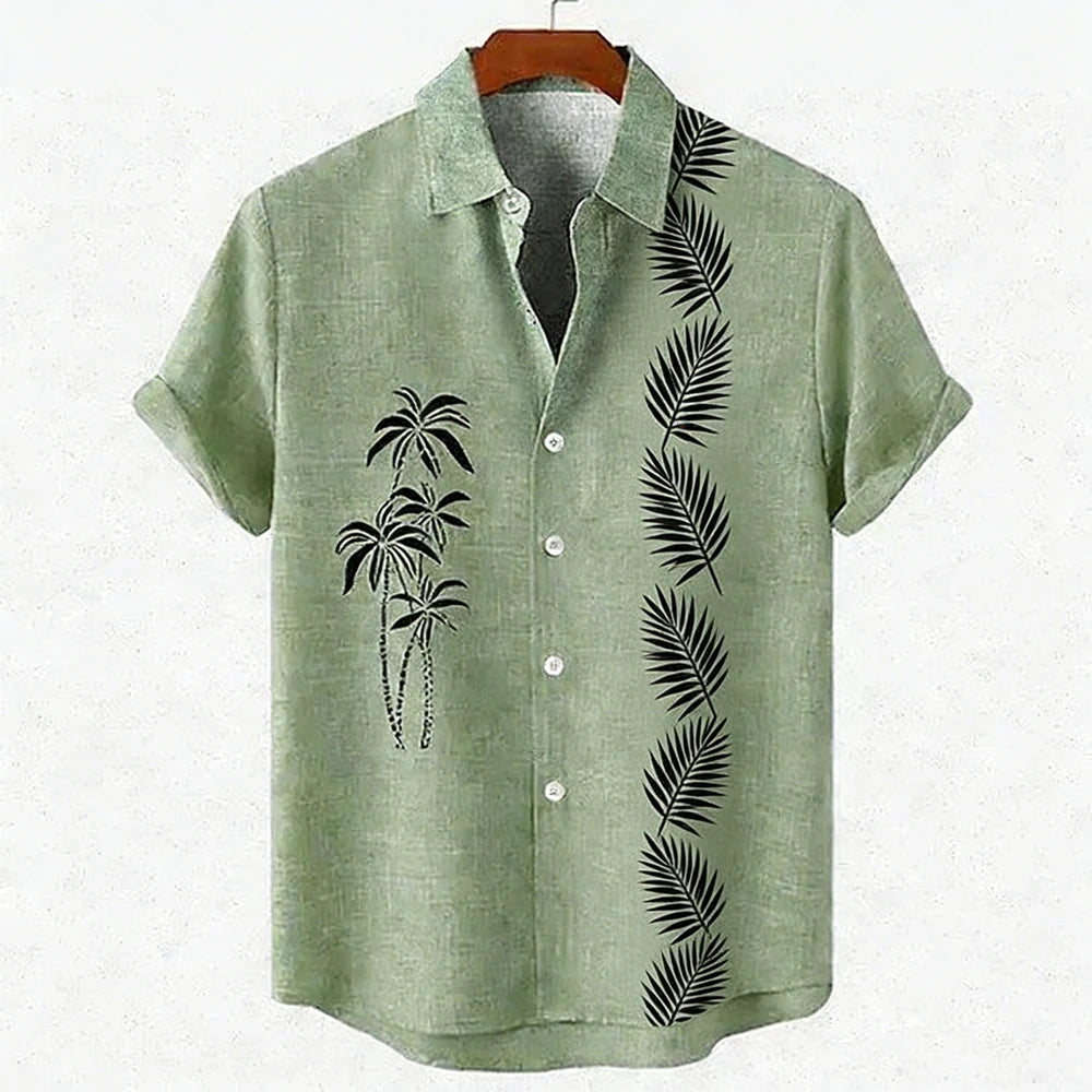 Men's new green linen short-sleeved shirt HD coconut tree pattern 3D printed shirt Hawaiian vacation outdoor social men's wear