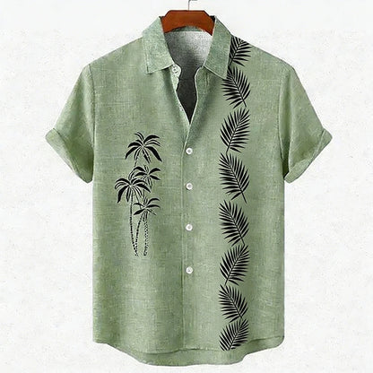 Men's new green linen short-sleeved shirt HD coconut tree pattern 3D printed shirt Hawaiian vacation outdoor social men's wear