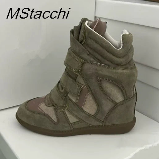 Women's High-top Shoes Suede Leather Casual Wedge Boots Flat Sneakers Hook Loop Heightening Shoes Luxury Short Botas Femininas