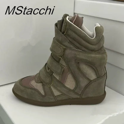 Women's High-top Shoes Suede Leather Casual Wedge Boots Flat Sneakers Hook Loop Heightening Shoes Luxury Short Botas Femininas