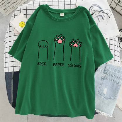 Rock Paper Scissors Funny Cat Print T Shirt Women Summer Soft Oversized Tops Fashion Casual Short Sleeve Street Cotton Tshirt