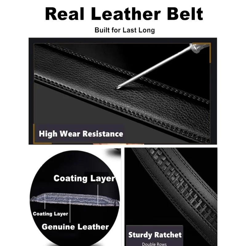 High Quality Genuine Leather Casual Belt Men, Adjustable Automatic Buckle Belts, Black/Brown Cuttable Ratchet Belt for men