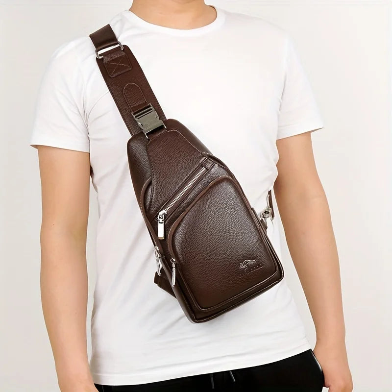 Men’s Vintage PU Leather Sling Bag – Large Capacity Crossbody Chest Bag with Multi-Pockets, Secure Buckle Closure – Stylish Comm