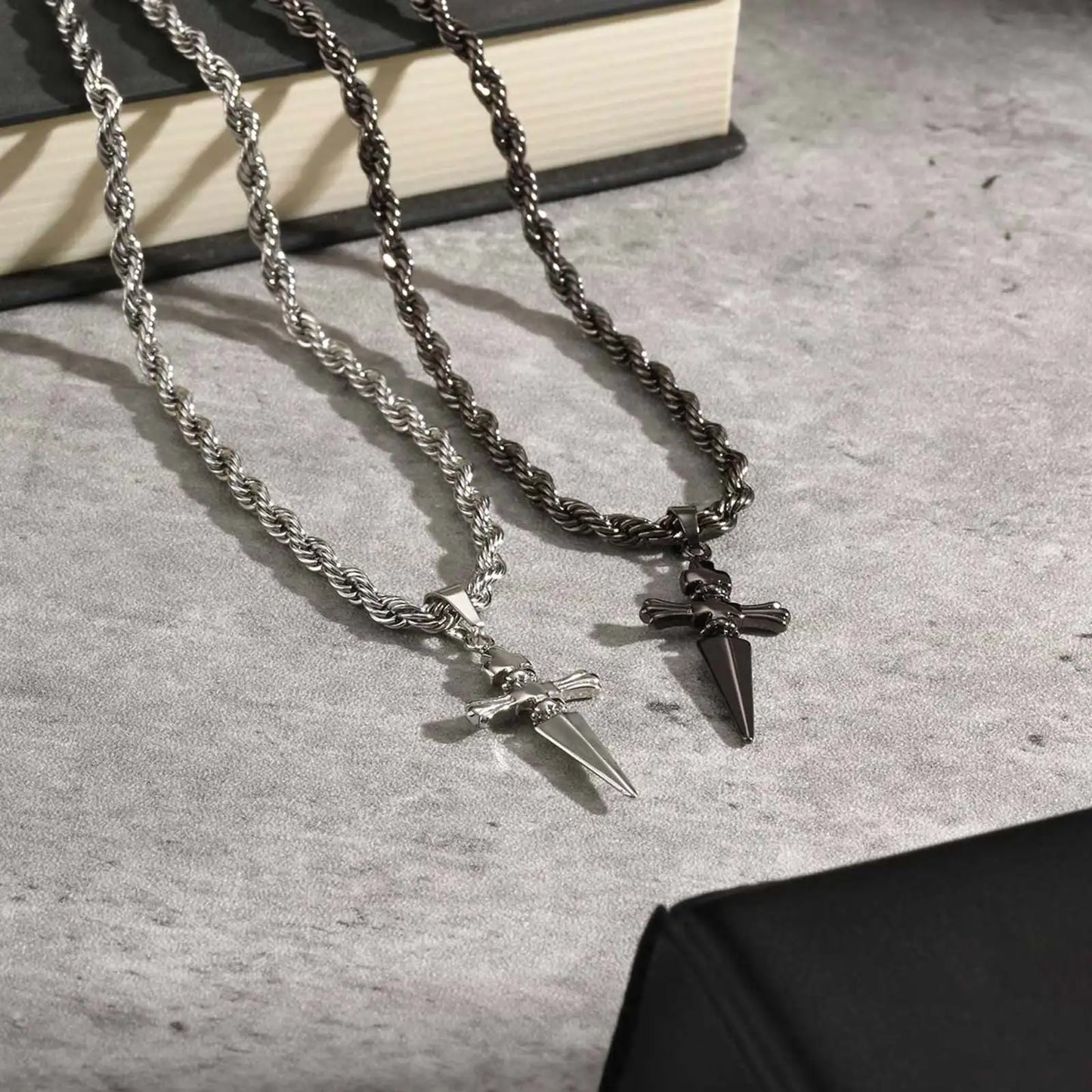 Cool Punk Sword Cross Pendant Necklace for Men Stainless Steel Twist Chain Necklace Fashion Casual Style Jewelry