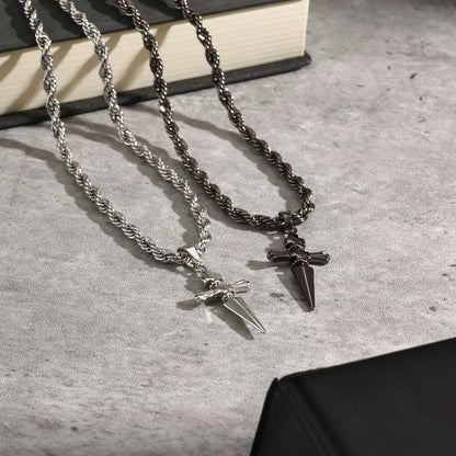 Cool Punk Sword Cross Pendant Necklace for Men Stainless Steel Twist Chain Necklace Fashion Casual Style Jewelry