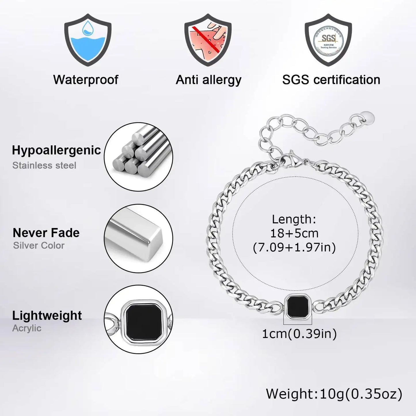 Vnox 5mm Width Adjustable Chain Bracelet for Men, Stainless Steel Acrylic Six-Sided Polished Jewelry Gifts for Husband Son‌ Him