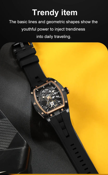 MEGIR Men's Automatic Mechanical Watch with Stainless Steel Case Silicone Band Skeleton Dial Waterproof Sport Wristwatch
