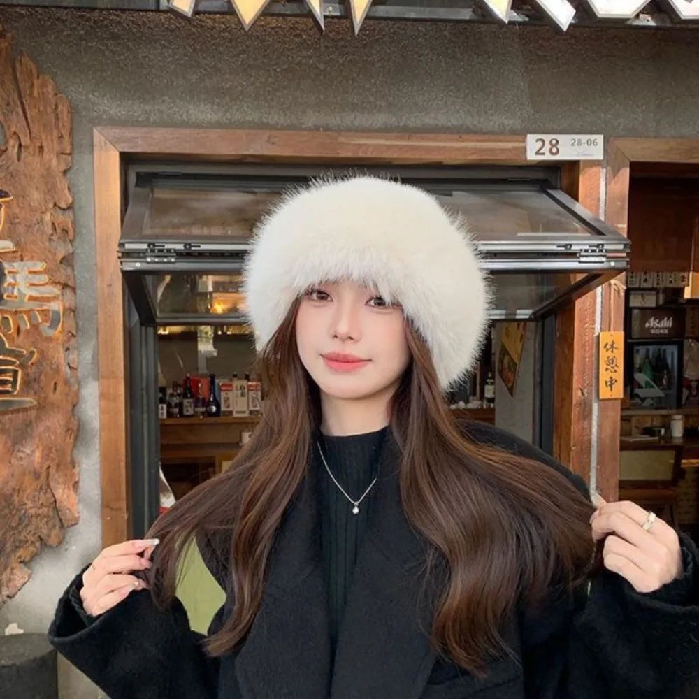 Women's Fluffy Fur Bucket Hat Plush Winter Fisherman Cap Warm Thick Hat for Snowy Days Christmas Gifts