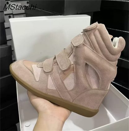 Women's High-top Shoes Suede Leather Casual Wedge Boots Flat Sneakers Hook Loop Heightening Shoes Luxury Short Botas Femininas