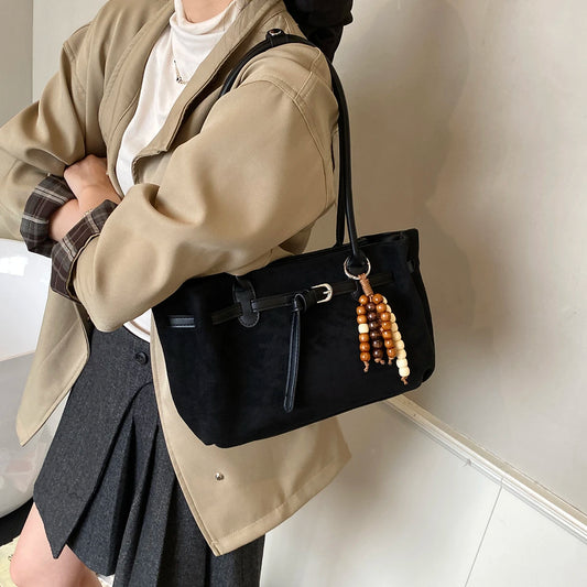 Stylish Vintage Solid Color Imitation Suede Women Shoulder Bag Pendant Buckle Decoration Large Capacity for Outings Commuting