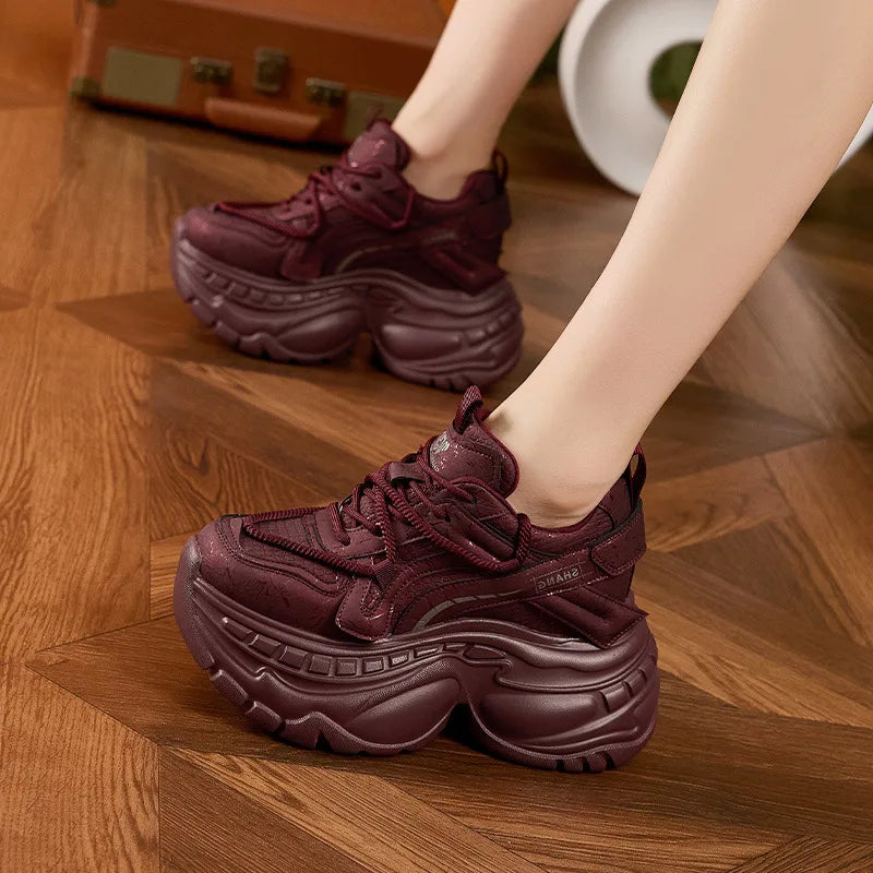 9cm Genuine Leather Chunky Sneakers for Women Fashion Sneakers Walking Shoes Platform Heel Sneakers Women Casual Shoes