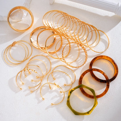 Fashion Minimalist Elegant Metal Textured Resin Cuff Bangle Bracelet Set Boho Adjustable Layered Wristband Daily Party Jewelry