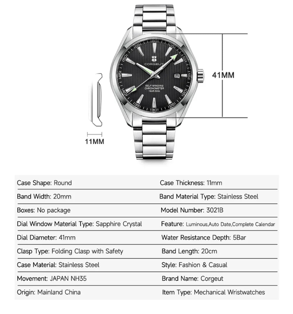 Corgeut 41mm Luxury NH35 Movt Man Sport Clock Automatic Relogio Masculino Mechanical Wristwatch Sapphire Steel Band Men's Watch