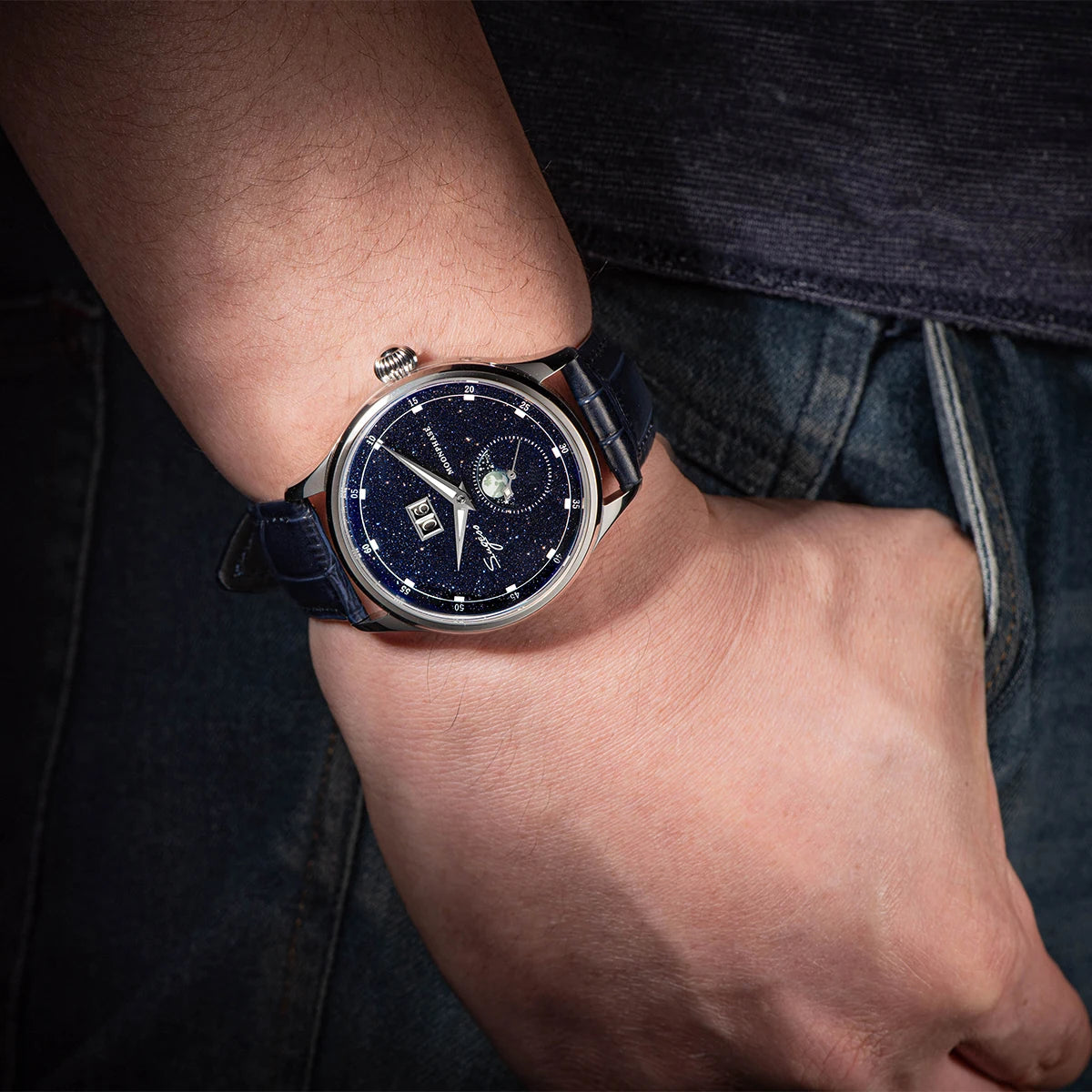 Sugess Mens Watch Limited Edition Moonphase 316L Stainless Steel Case Tianjin ST2528 Movement Luxury Gemstone Stars Dial Gift V3