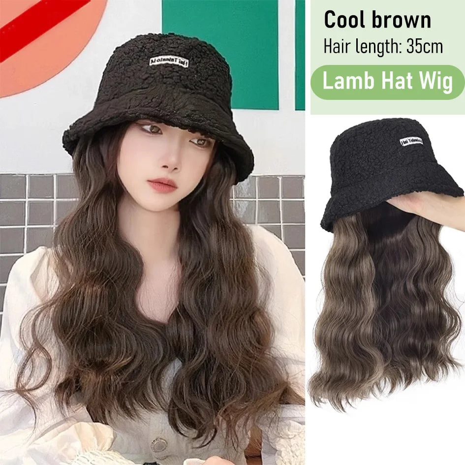 Synthetic 50cm winter cold resistant wig hat with long straight hair and long curly hair black/white hat with lambhair Christmas