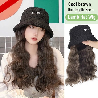 Synthetic 50cm winter cold resistant wig hat with long straight hair and long curly hair black/white hat with lambhair Christmas