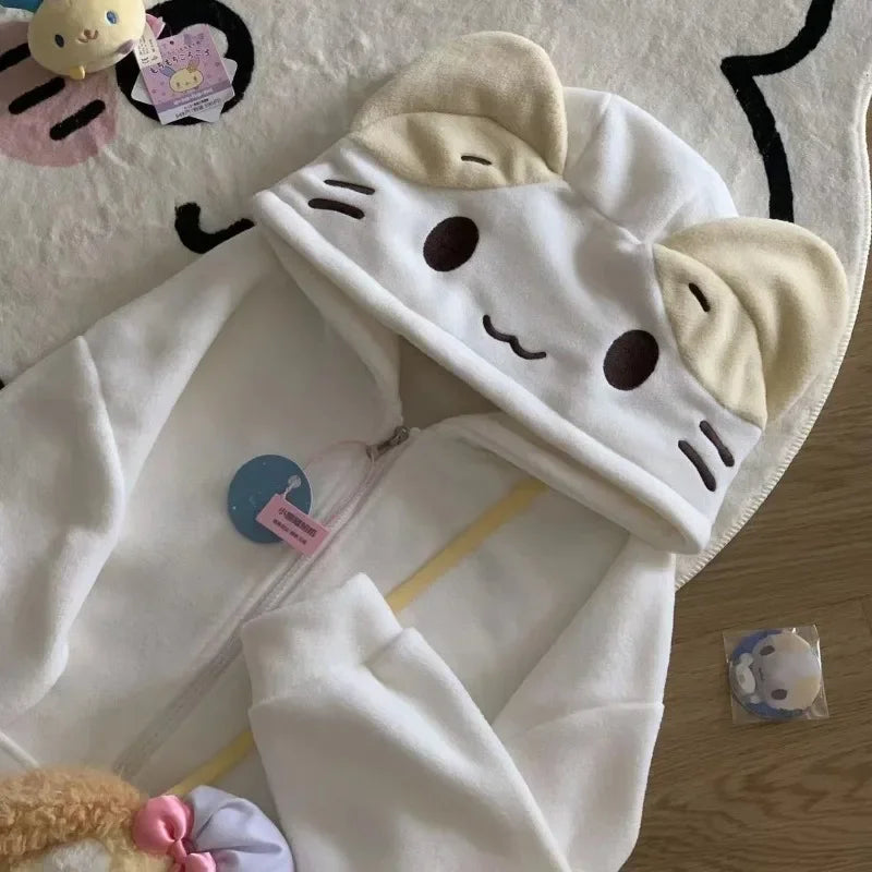 Kawaii Lolita Style Women Fleece Hoodies Cutecore Oversize Japanese Soft Girl Zipper Sweatshirt Casual Cartoon Cardigan Jacket
