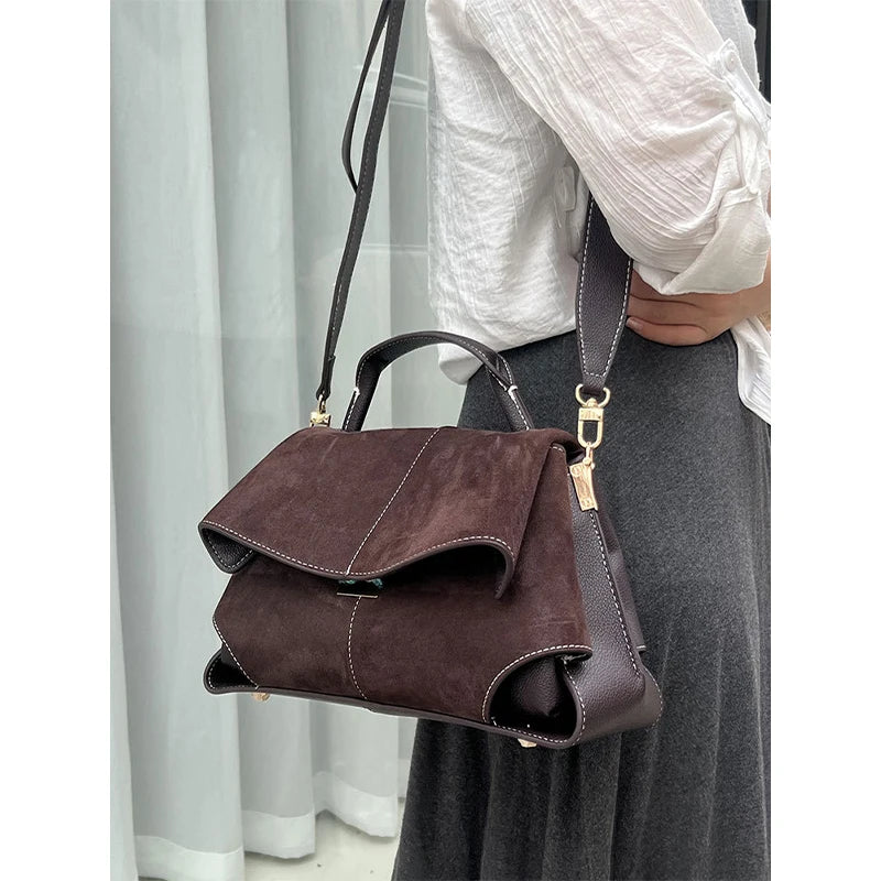 Women Frosted Handbag High-end Suede Flap French Shoulder Bag Luxury Trapezoidal House Shape Bag Messenger Bag Commuter Tote Bag