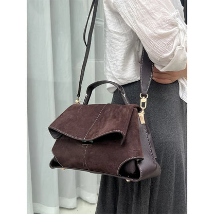 Women Frosted Handbag High-end Suede Flap French Shoulder Bag Luxury Trapezoidal House Shape Bag Messenger Bag Commuter Tote Bag