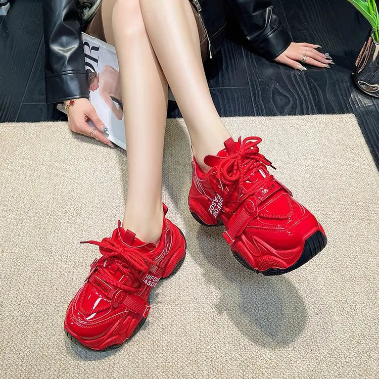 Women Chunky Sneakers Spring New Fashion Lace Up Red Platform Shoes Outdoor Trendy Versatile Casual Sports Shoes Zapatos Mujer
