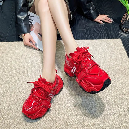 Women Chunky Sneakers Spring New Fashion Lace Up Red Platform Shoes Outdoor Trendy Versatile Casual Sports Shoes Zapatos Mujer