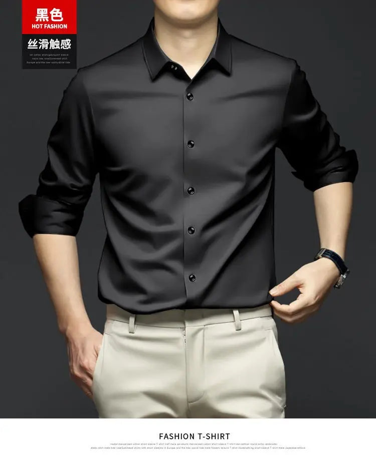 S-6XL Men's Long Sleeve Shirt Luxury Wrinkle Resistant Pure White Shirt Business Dress Casual Ice Silk Glossy Shirt