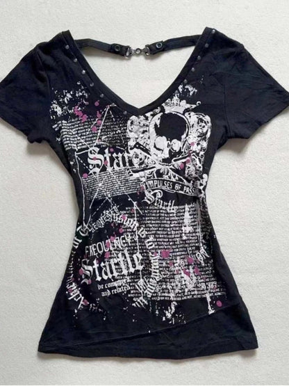 2026 Ropa Mujer Summer Tshirts for Women V-neck Short Sleeve Tunic Camisetas Pink Print Tees Crop Tops Casual Chic Y2k T-shirt