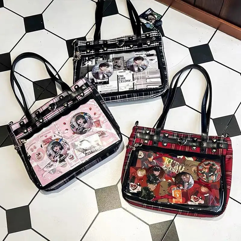 Women Fashion Checkered Pattern Retro Ita Bag Cute Girl Transparent Large Capacity Tote Bag DIY Display Handbag New Shoulder Bag