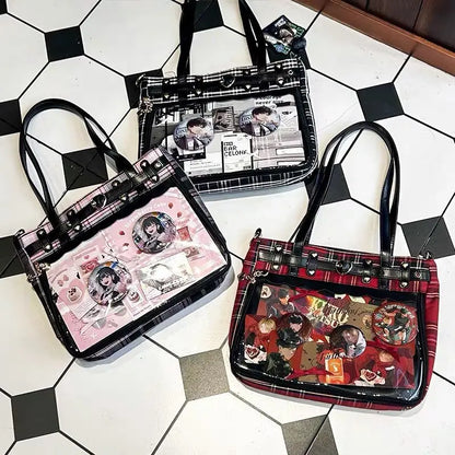 Women Fashion Checkered Pattern Retro Ita Bag Cute Girl Transparent Large Capacity Tote Bag DIY Display Handbag New Shoulder Bag
