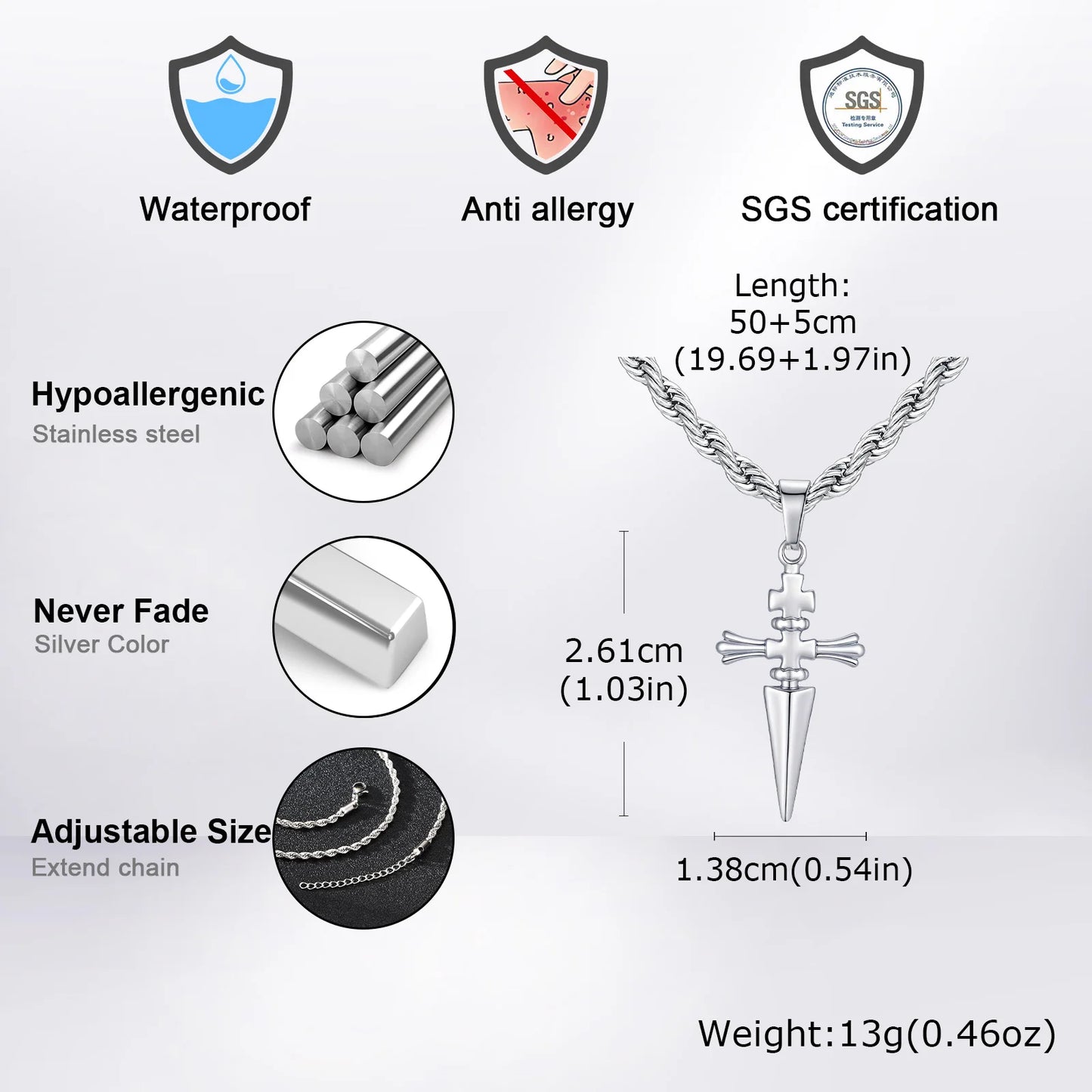Cool Punk Sword Cross Pendant Necklace for Men Stainless Steel Twist Chain Necklace Fashion Casual Style Jewelry