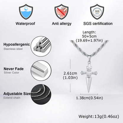 Cool Punk Sword Cross Pendant Necklace for Men Stainless Steel Twist Chain Necklace Fashion Casual Style Jewelry