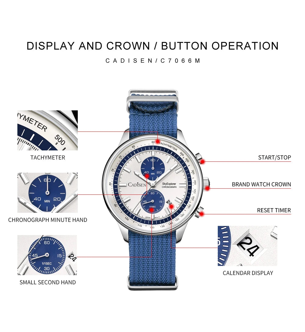 CADISEN New Mens Watches Luxury Quartz Watch For Man Chronograph Japan MIYOTA 0S11 Men Gift Luminous Waterproof Canvas Wristwatc