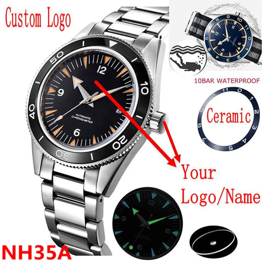Custom Logo NH35 Movement Watch 10bars Mens 41mm Sapphire Ceramic Bezel Male Mechanical Clock Diver Sports Automatic Wristwatch