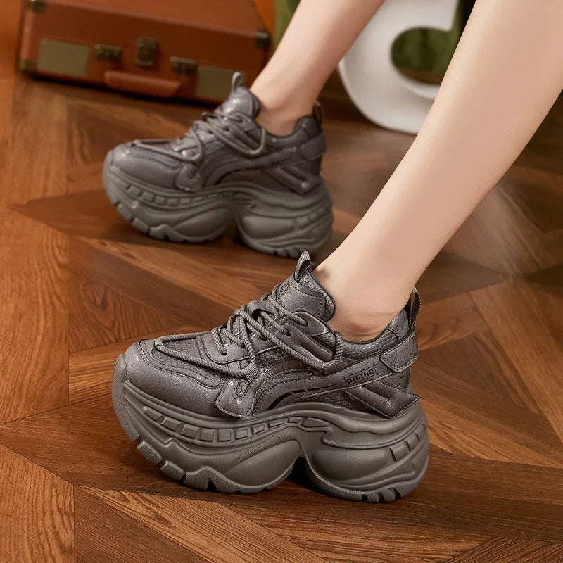 9cm Genuine Leather Chunky Sneakers for Women Fashion Sneakers Walking Shoes Platform Heel Sneakers Women Casual Shoes