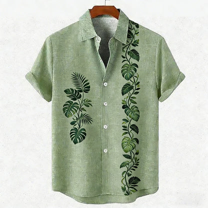 Men's new green linen short-sleeved shirt HD coconut tree pattern 3D printed shirt Hawaiian vacation outdoor social men's wear
