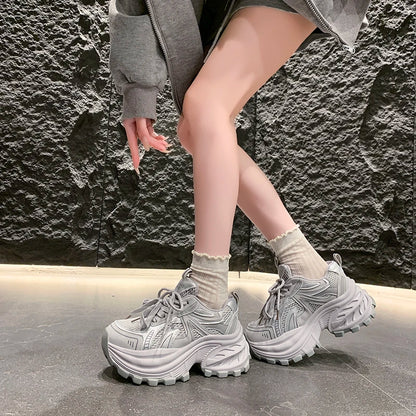 8.5CM Mesh Microfiber Leather Casual Shoes New 2026 Spring Women Chunky Sneakers High Platform Outdoor Sports Dad Shoes Woman