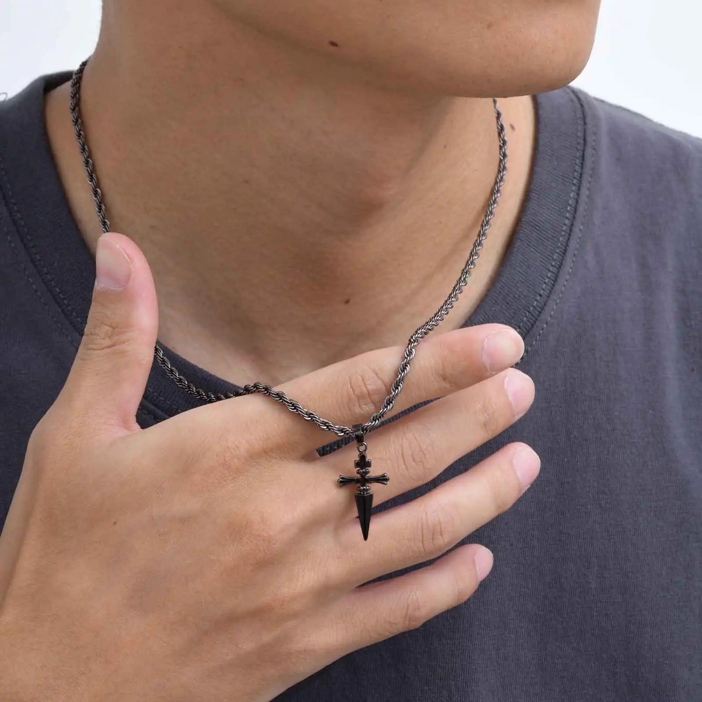Cool Punk Sword Cross Pendant Necklace for Men Stainless Steel Twist Chain Necklace Fashion Casual Style Jewelry