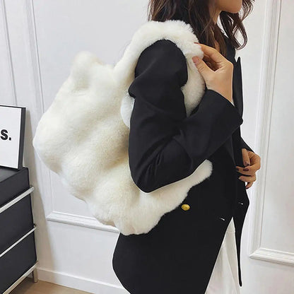 Women Plush Shoulder Bag Fluffy Handbag Large Capacity Casual Commuting Bag Furry Carrying Bag Soft Shopper Bag