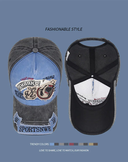 Four Seasons Washed Vintage Distressed Curvy Brimmer Cap Men's Women's Fashion Patch Embroidery Sun Cap Adjustable