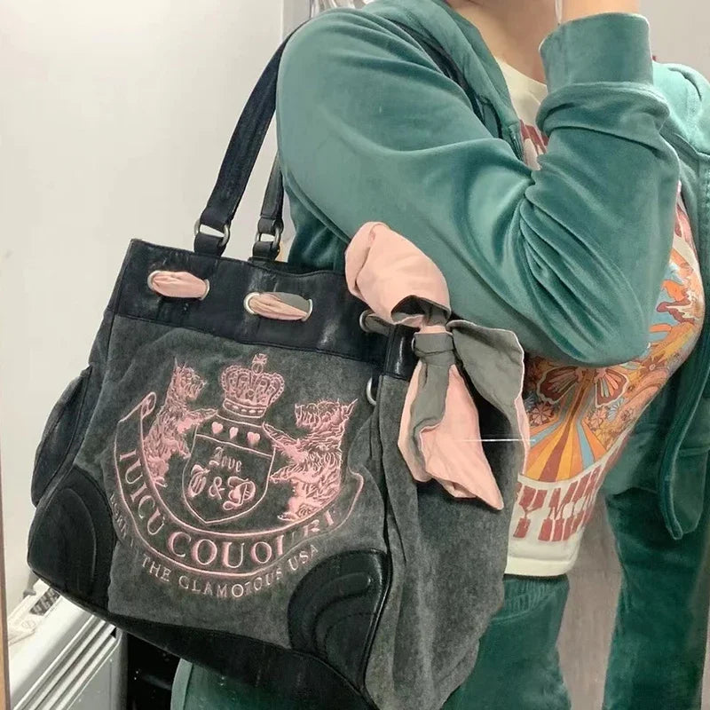 Ladies Large-Capacity Tote Bag Y2K Women Vintage Retro Chic Embroidery Velvet Handbags Girl Shopping Shoulder Bag Women's Purses