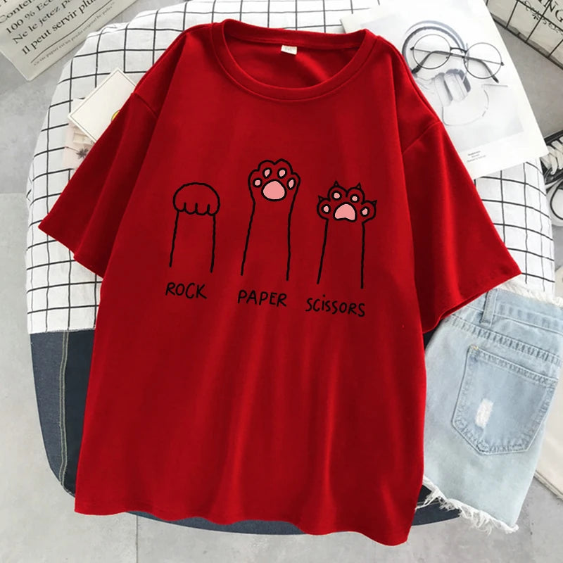 Rock Paper Scissors Funny Cat Print T Shirt Women Summer Soft Oversized Tops Fashion Casual Short Sleeve Street Cotton Tshirt