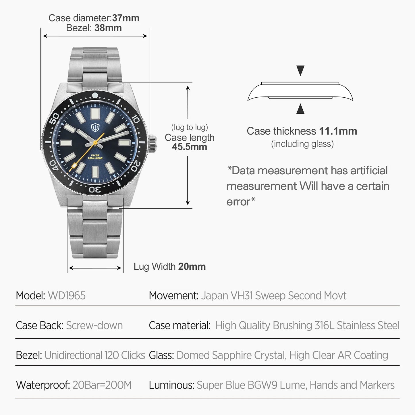Watchdives WD1965 Luxury Men's Watch VH31 Sweep Second Quartz Movement 38mm Watch Night Light 20Bar Waterproof Watches