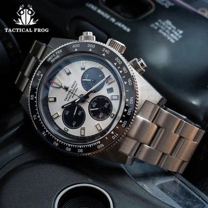 Tactical Frog 41mm Men's Chronograph Watch VS75 Solar Quartz Movement Waterproof Sapphire Green C3 Luminous Quartz Wristwatch